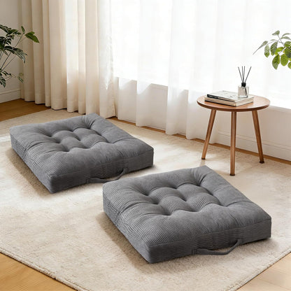Floor Pillow Dark Grey Washable Floor Sitting Cushions 18x18 Inch 2-Pack, Meditation Yoga Pillows for Sitting on Floor Tufted Corduroy Seat Pads with Handle for Office Dining Room Seats