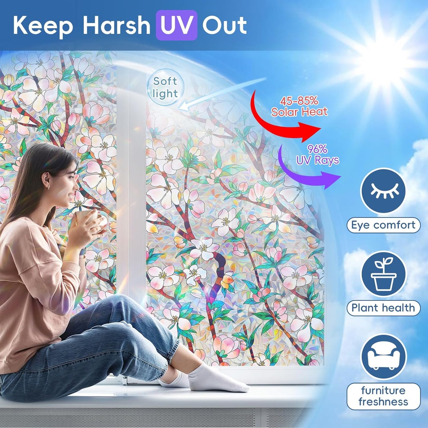 Dwersty Rainbow Window Privacy Film with Cutting Reference Line, 3D Decals Stained Glass Clings, Static Cling Sticker, Suncatcher Windows Cover Tint for Home, 17.5 Inch x 78.74 Inch