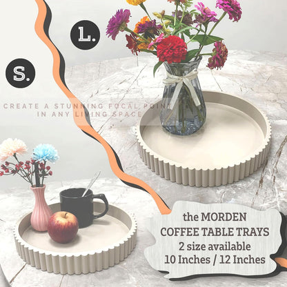 Modern Table Round Decorative Trays 2pcs Home Decor - Circle Coffee Table Centerpiece Set 12"/10" - Wooden Cool Grey Ottoman Tray with Fluted Edge