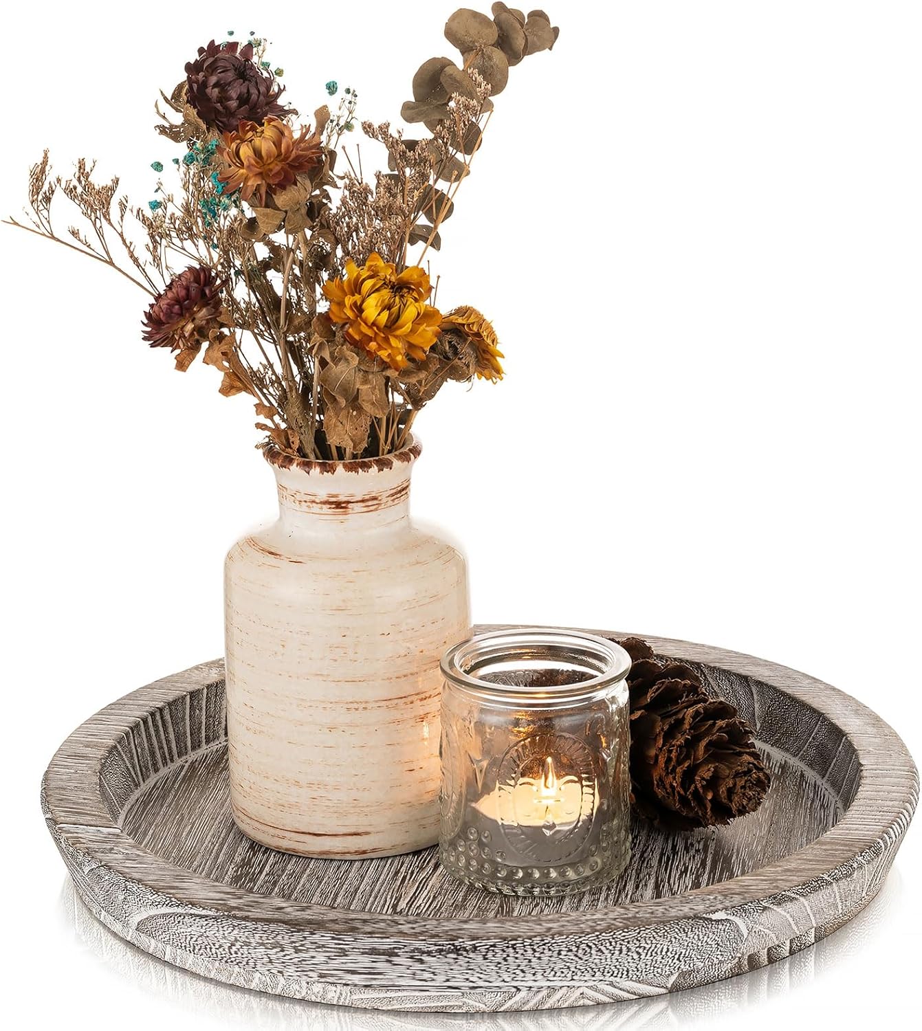 Romadedi Rustic Wooden Tray Candle Holder - Round Wood Decorative Pillar Candle Tray for Coffee Table Farmhouse Kitchen Countertop Organizer Home Decor Wedding Centerpiece, Distressed White