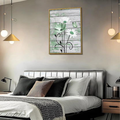 HVEST Farmhouse Floral Wall Art for Living Room, Blue and White Daisy Flower and Butterfly on Rustic Wood Board Canvas Wall Art Framed Artwork Ready to Hang for Bathroom Bedroom Decor, 16L X 12W