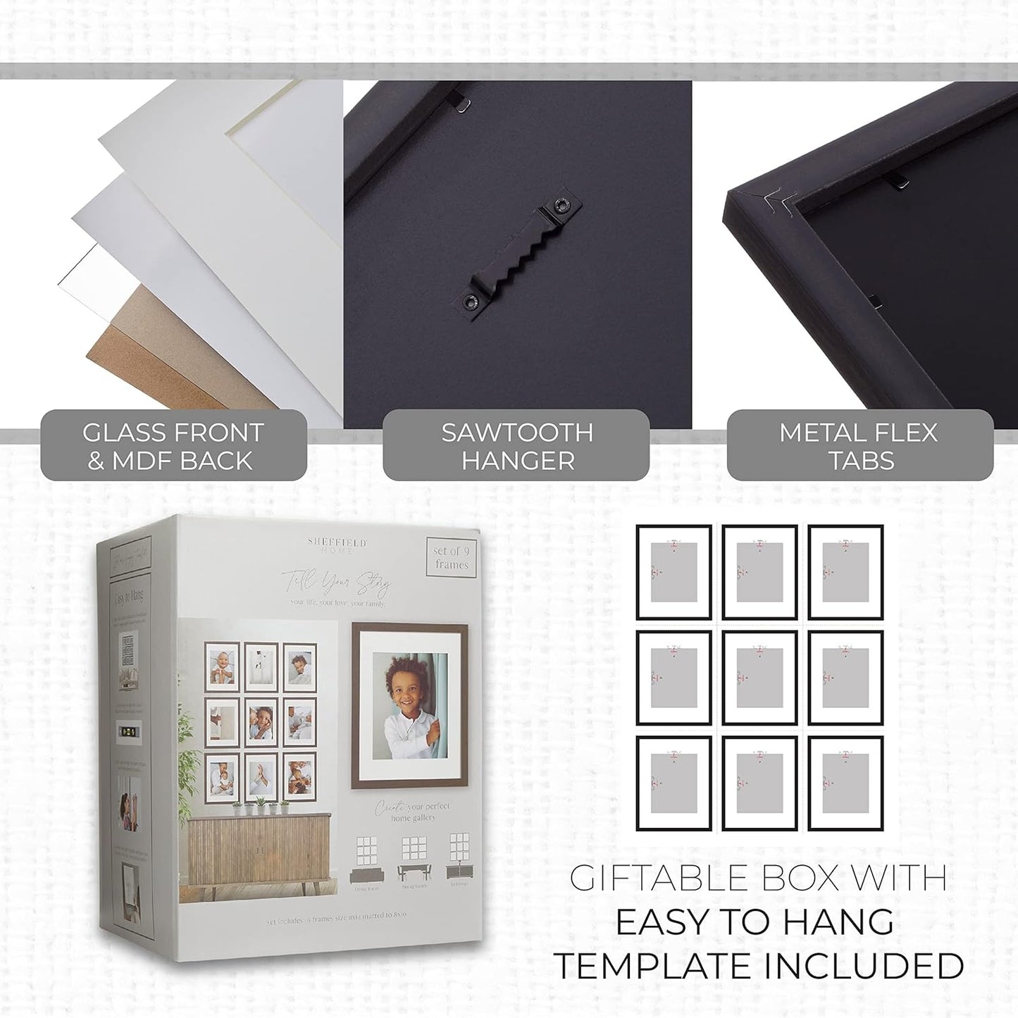 Sheffield Home 9 Piece Gallery Wall Frame Set, 11x14 in. matted to 8x10 in. (Matte Black)