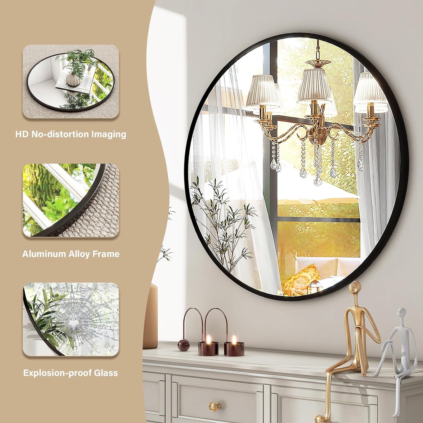 HARRITPURE Round Mirror 30 Black Wall Mounted Circle Mirrors Vanity Mirror with Brushed Aluminum Alloy Frame Modern Decoration for Bathroom, Living Room, Vanity, Bedroom, Entryway