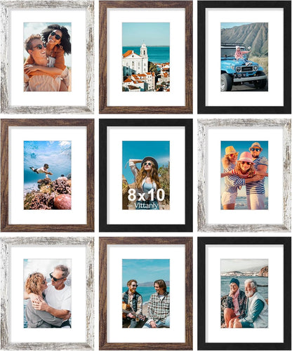 Vittanly 8x10 Picture Frames Set of 9, Shatter Resistant Plexiglass, Display 5x7 Pictures with Mat or 8x10 without Mat, Photo Frames for Wall or Tabletop, Engineered Wood, Black - Colors B