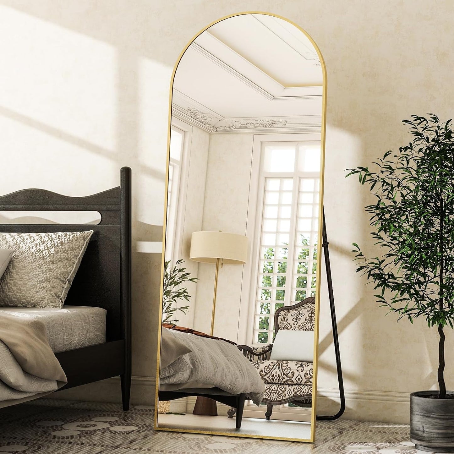 XRAMFY 56"x21" Arched Full Length Mirror Floor Mirrors with Aluminum Alloy Frame Free-Standing Wall Mounted Floor Mirrors or Large Dressing Mirror, Black Mirror Full Length