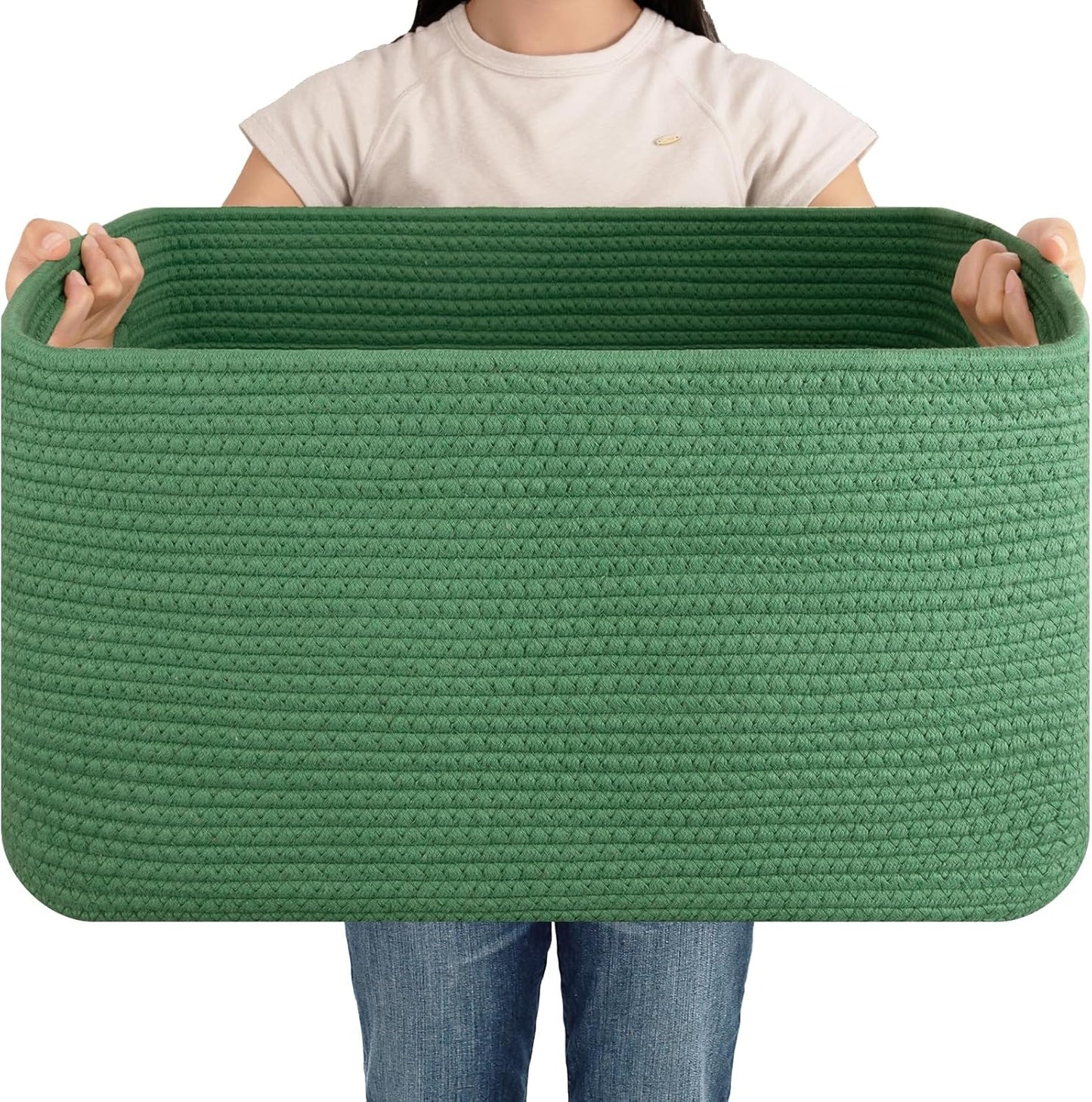 OIAHOMY 75L Large Woven Cotton Rope Storage Basket with Handle for Organizing Blanket and Toys for Living Room, Nursery, Brown Variegated 22”x17”x12”