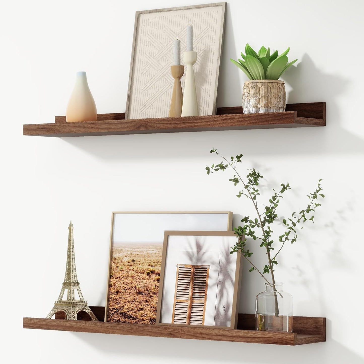 FLYJOE Picture Ledge Shelf, Floating Shelves Set of 2, 48 Inches Long Large Nursery Book Shelves for Toys Storage, Kids Bookshelf Wall Mounted for Living Room Bedroom Decor Books Photo Frames, Walnut