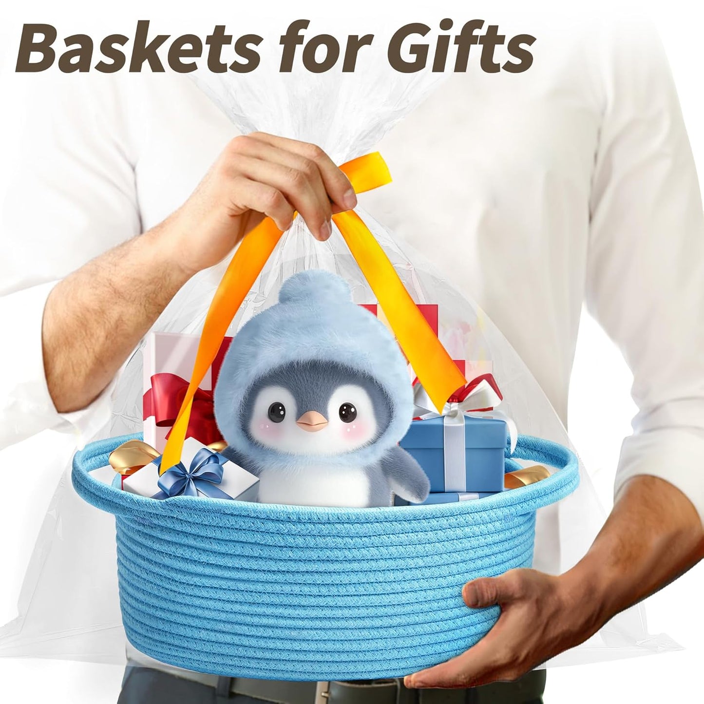 Pro Goleem Small Woven Basket with Gift Bags and Ribbons Durable Baskets for Mothers Day Gifts Empty Small Rope Basket for Storage 12"X 8" X 5" Baby Toy Baskets with Handles, White