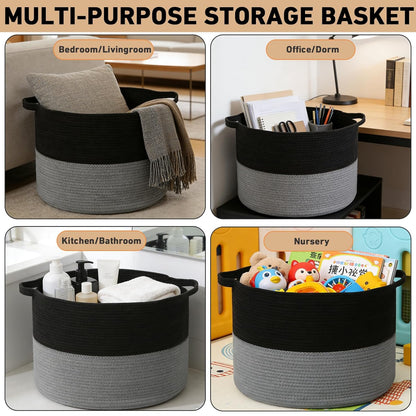 Large Woven Blanket Basket,65L Cotton Rope Laundry Basket Hamper with Handles, Decorative Nursery Basket Storage Bin for Toys, Clothes Organizer, Living Room, Bedroom, Bathroom, White & Brown