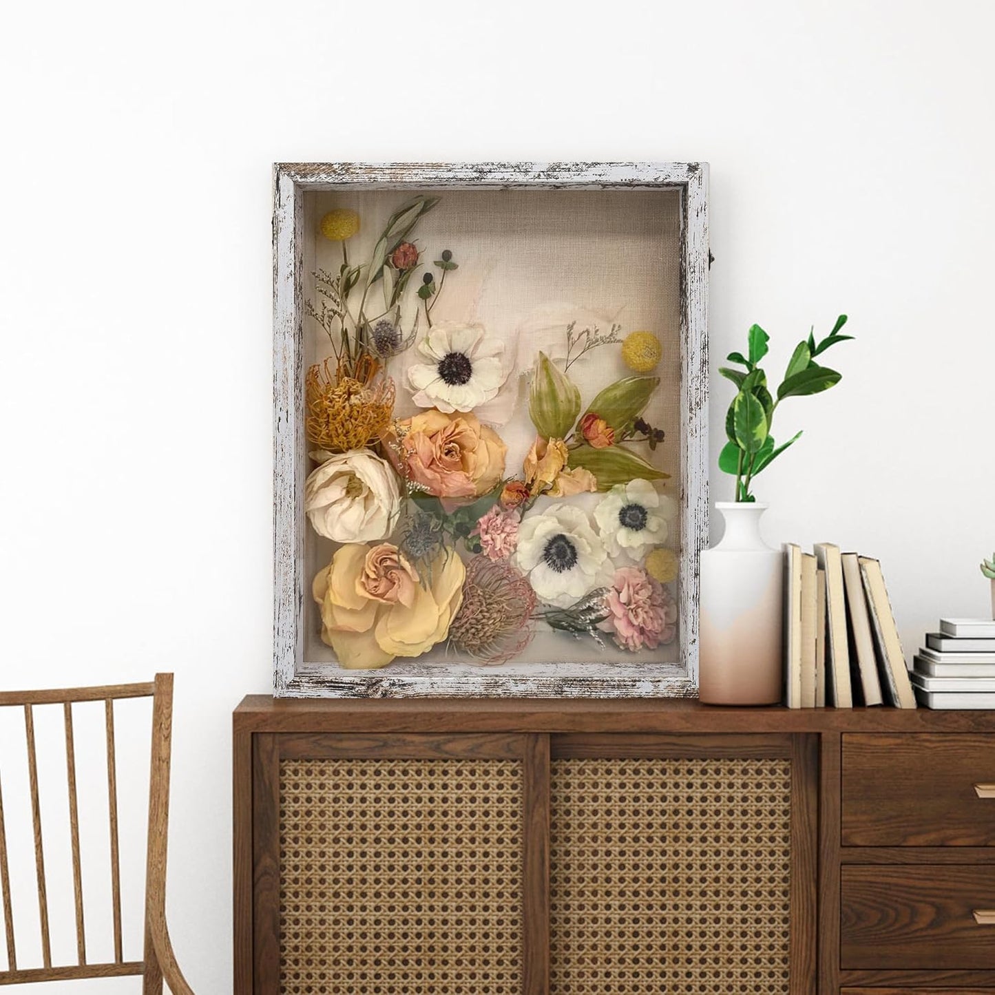 GraduationMall 13x16 Wood Shadow Box Frame Glass Door Display Case with Linen Back and 6 Stick Pins,1.5 inches Interior Depth,Ideal for Memorabilia Pictures Flowers Medals Tickets Rustic White