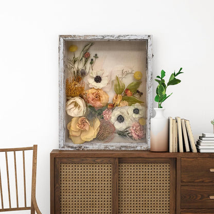GraduationMall 13x16 Wood Shadow Box Frame Glass Door Display Case with Linen Back and 6 Stick Pins,1.5 inches Interior Depth,Ideal for Memorabilia Pictures Flowers Medals Tickets Rustic White