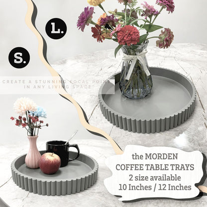 Modern Table Round Decorative Trays 2pcs Home Decor - Circle Coffee Table Centerpiece Set 12"/10" - Wooden Cool Grey Ottoman Tray with Fluted Edge