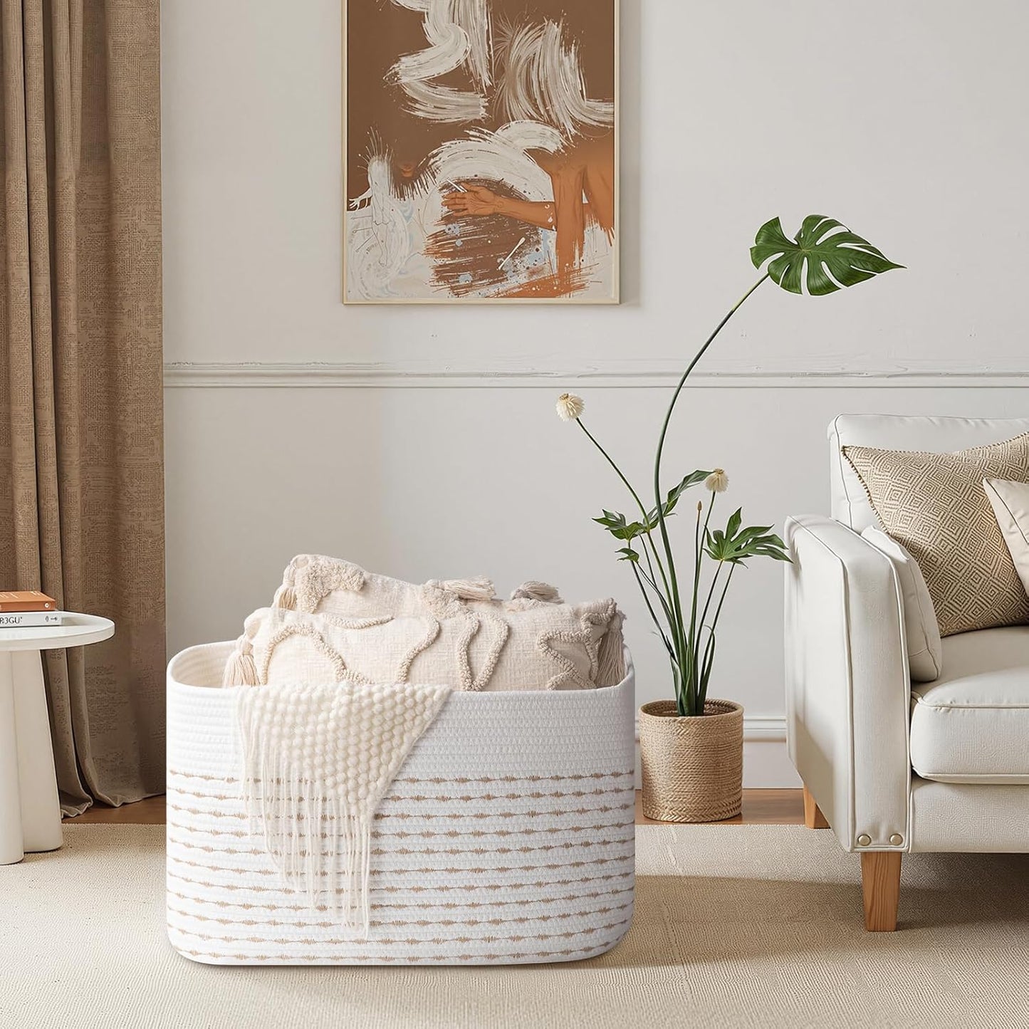 OIAHOMY 75L Large Woven Cotton Rope Storage Basket with Handle for Organizing Blanket and Toys for Living Room, Nursery, Brown Variegated 22”x17”x12”