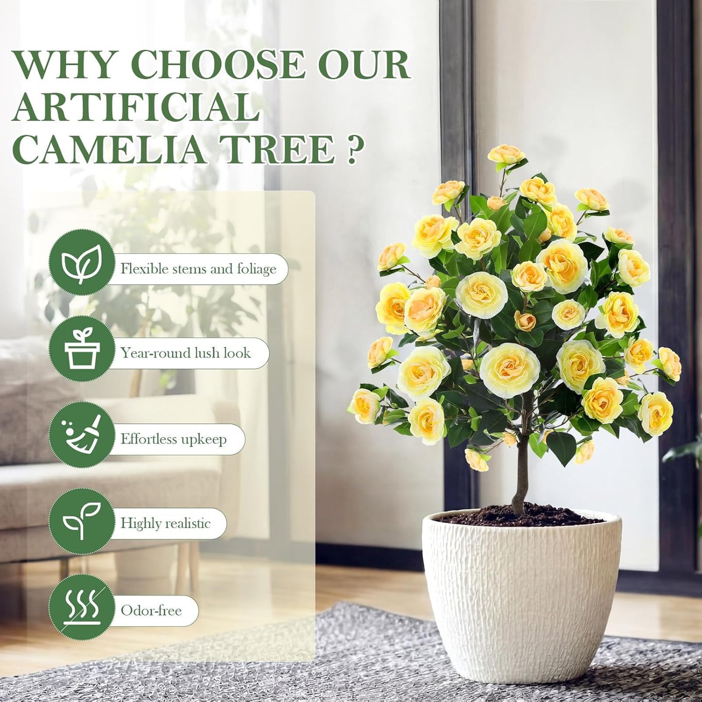 Lunmon 2 Pack 3ft Artificial Camellia Plants Tree 36" Faux Camellia Flower with Spike UV Resistant Realistic Fake Floral Blooming Bush for Indoor Outdoor Front Door Porch Backyard Garden, Purple