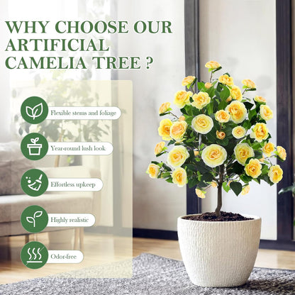 Lunmon 2 Pack 3ft Artificial Camellia Plants Tree 36" Faux Camellia Flower with Spike UV Resistant Realistic Fake Floral Blooming Bush for Indoor Outdoor Front Door Porch Backyard Garden, Purple
