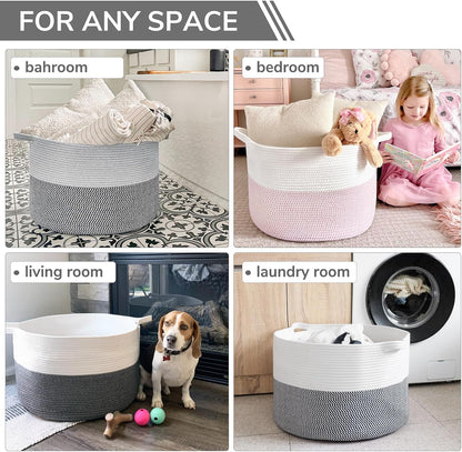 INDRESSME XXXLarge Blanket Basket for Living Room 21.7" x 21.7" x 13.8"-Storage Basket with Handle for Organizing Toy Pillows Woven Cotton Rope Laundry Basket Stuffed Animal Toy Storage for Play Room