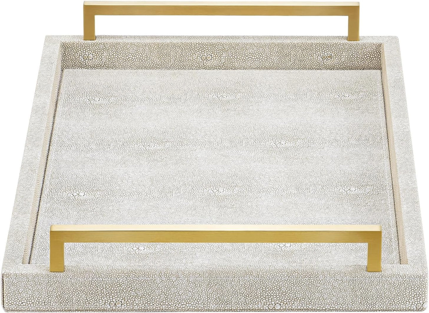 XIGEXIGE Ivory Shagreen Decorative Tray Large Rectangle Coffee Table Tray for Ottoman Faux Leather Serving Tray with Brushed Gold Handles