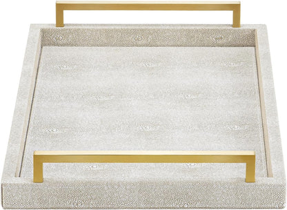 XIGEXIGE Ivory Shagreen Decorative Tray Large Rectangle Coffee Table Tray for Ottoman Faux Leather Serving Tray with Brushed Gold Handles