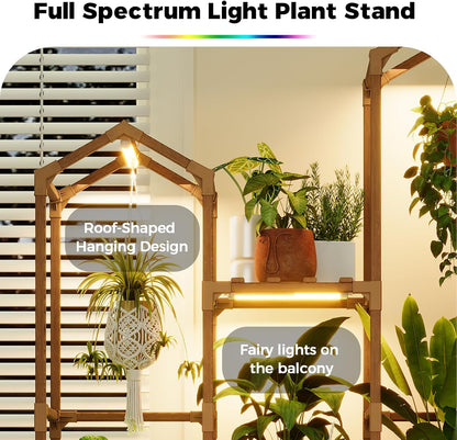 Bamworld Plant Stand Indoor with Grow Lights Wood Plant Shelf for Hanging Planter Pots Display Flower Stand for Living Room Patio Garden Decor