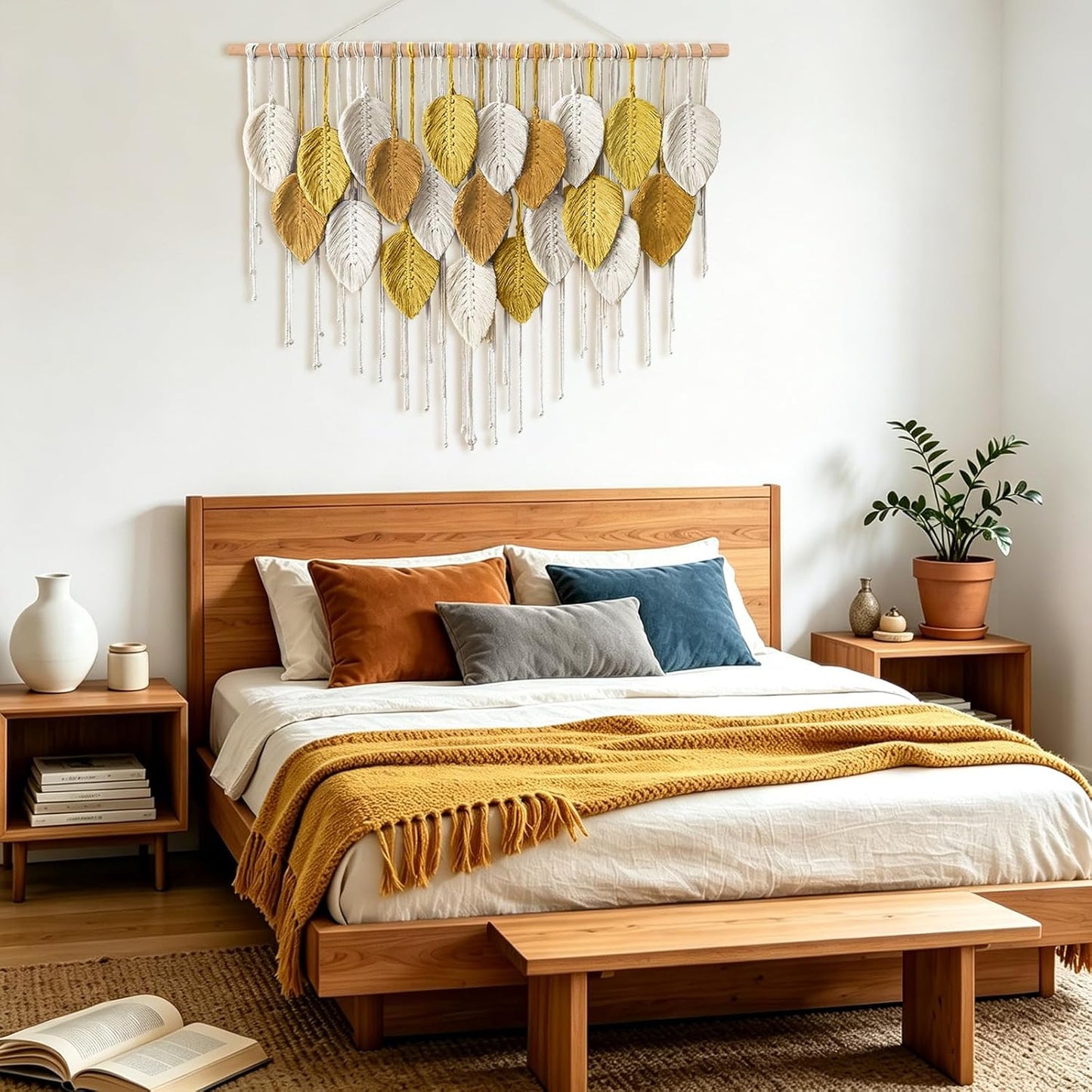 KHOYIME Large Macrame Wall Hanging Boho Woven Tapestry, Chic Home Decor Modern Bohemian Handmade Leaf Feather Wall Art Decorations for Apartment Dorm Living Room Bedroom Nursery Backdrop 39"W X 29.5"L
