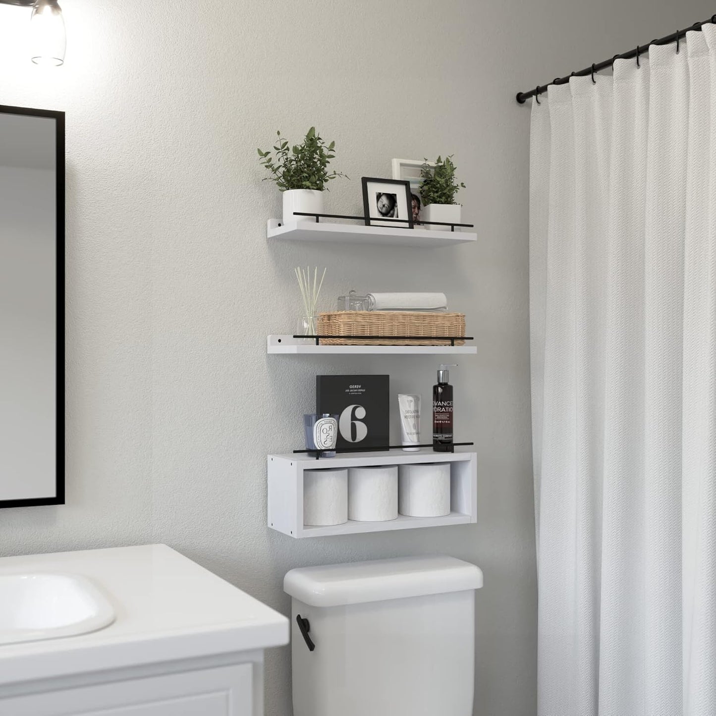 WOPITUES Floating Shelves for Wall with Cube Shelf, Wall Shelves with Metal Rail for Bathroom Decor, Bathroom Organizers and Storage, Over Toilet Shelves for Toilet Paper-Black