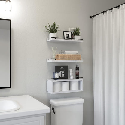 WOPITUES Floating Shelves for Wall with Cube Shelf, Wall Shelves with Metal Rail for Bathroom Decor, Bathroom Organizers and Storage, Over Toilet Shelves for Toilet Paper-Black