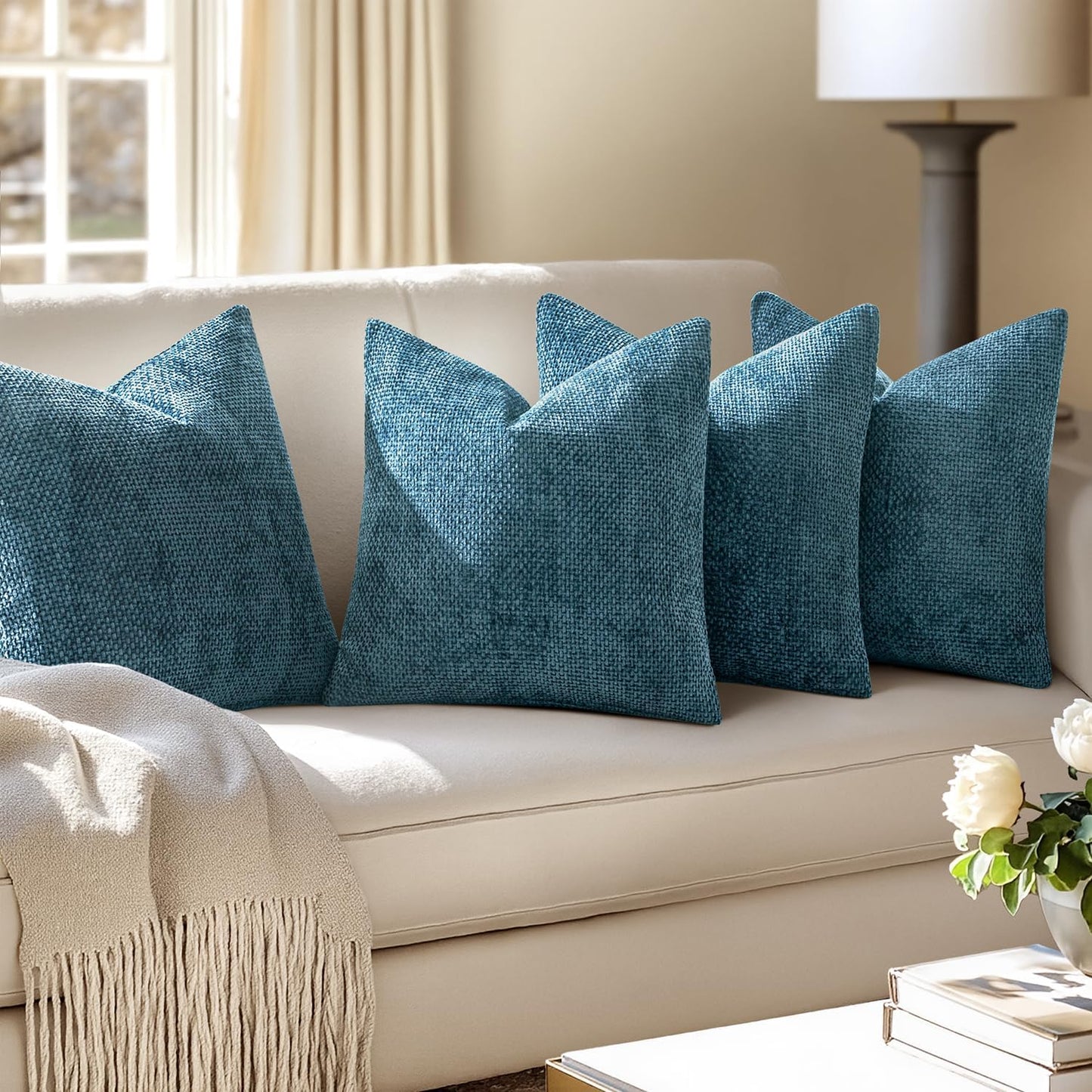 MIULEE Pack of 4 Couch Throw Pillow Covers 18x18 Inch Neutral Soft Decorative Chenille Pillow Covers Farmhouse Boho Cushion Covers for Mid Century Modern Spring Home Decor Sofa Bedroom Living Room