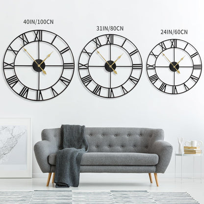 LEIKE 16" Large Wall Clocks Battery Operated, Round Modern Silent Non-Ticking Black Metal Wall Clock for Living Room Decor, Bedroom Kitchen (40cm Diameter, Black Roman Number)