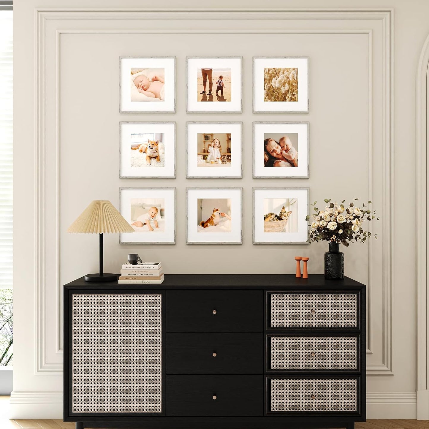 12x12 Picture Frame Set of 9, Display Pictures 8x8 with Mat or 12x12 without Mat, Multi Collage Gallery Square Photo Frames for Wall or Tabletop, Black