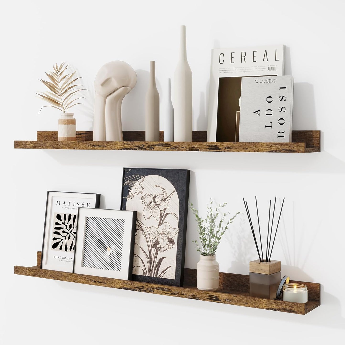 RICHFOCUS Picture Ledge Shelf, 24 inch Floating Shelves Set of 2, Wood Wall Shelves with Lip, Wall Decor Storage for Bedroom Living Room Bathroom Kitchen Nursery Photo Picture, Walnut