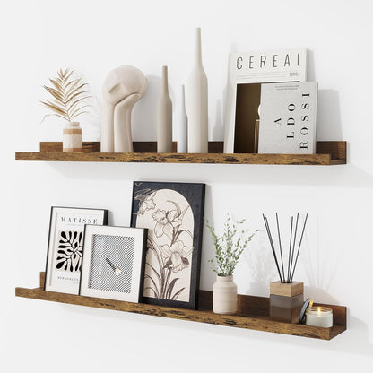RICHFOCUS Picture Ledge Shelf, 24 inch Floating Shelves Set of 2, Wood Wall Shelves with Lip, Wall Decor Storage for Bedroom Living Room Bathroom Kitchen Nursery Photo Picture, Walnut