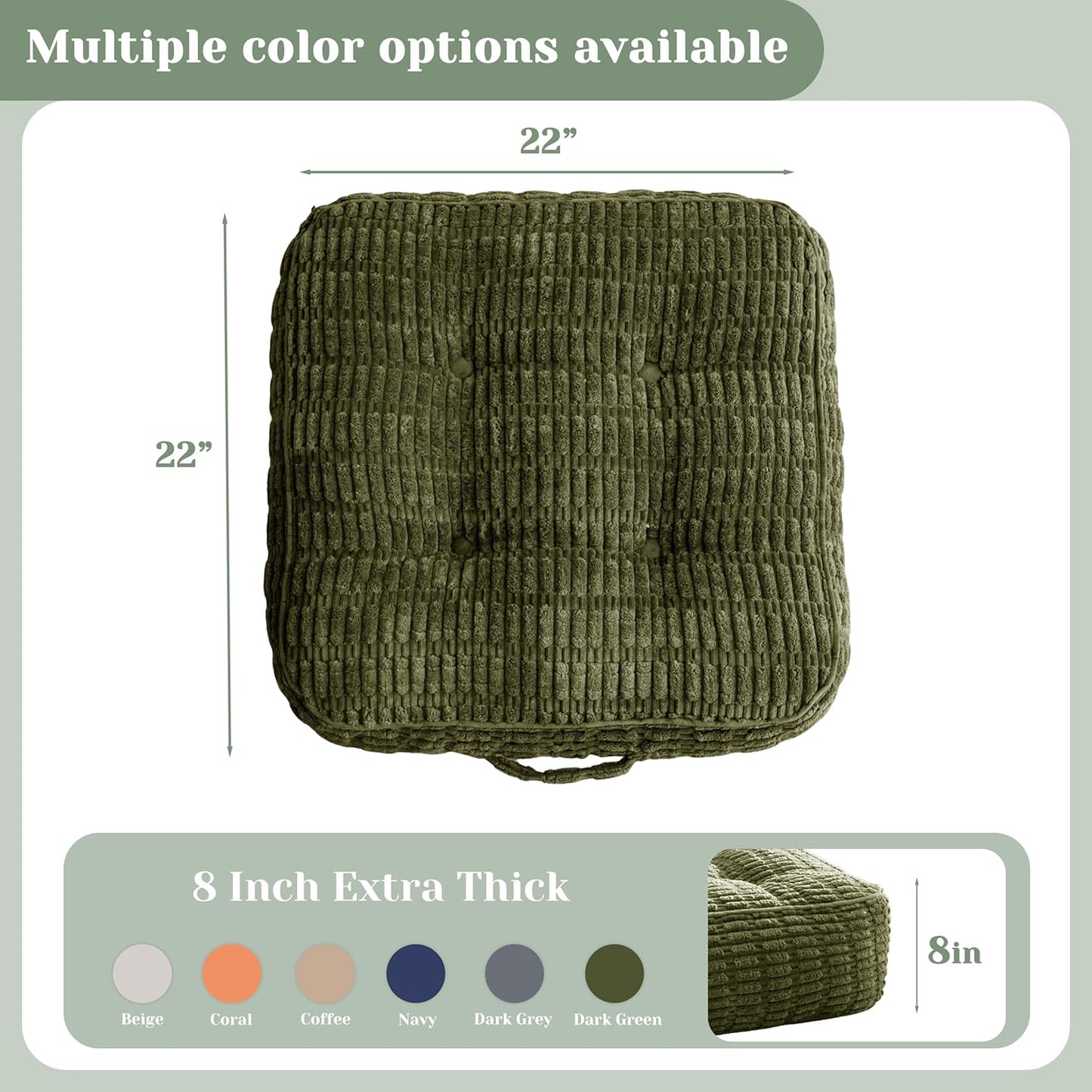 HIGOGOGO Floor Pillow Cushion for Adults, Meditation Cushion Pillow, Blended Corduroy Cover, Large Square Floor Sitting for Tatami Living Room or Yoga, 22x22 Inch, Beige