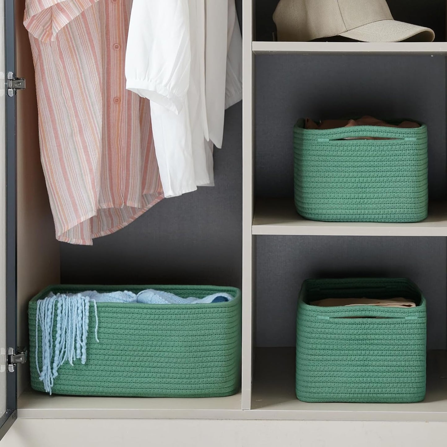 3-Pack Small Storage Baskets for Organizing | Woven Shelf Toy Basket | Rope Baskets for Gifts Empty | Closet Organizer Bins with Handles | Cube Decorative Box | 11.8×7.8×5.1” | Mixed brown