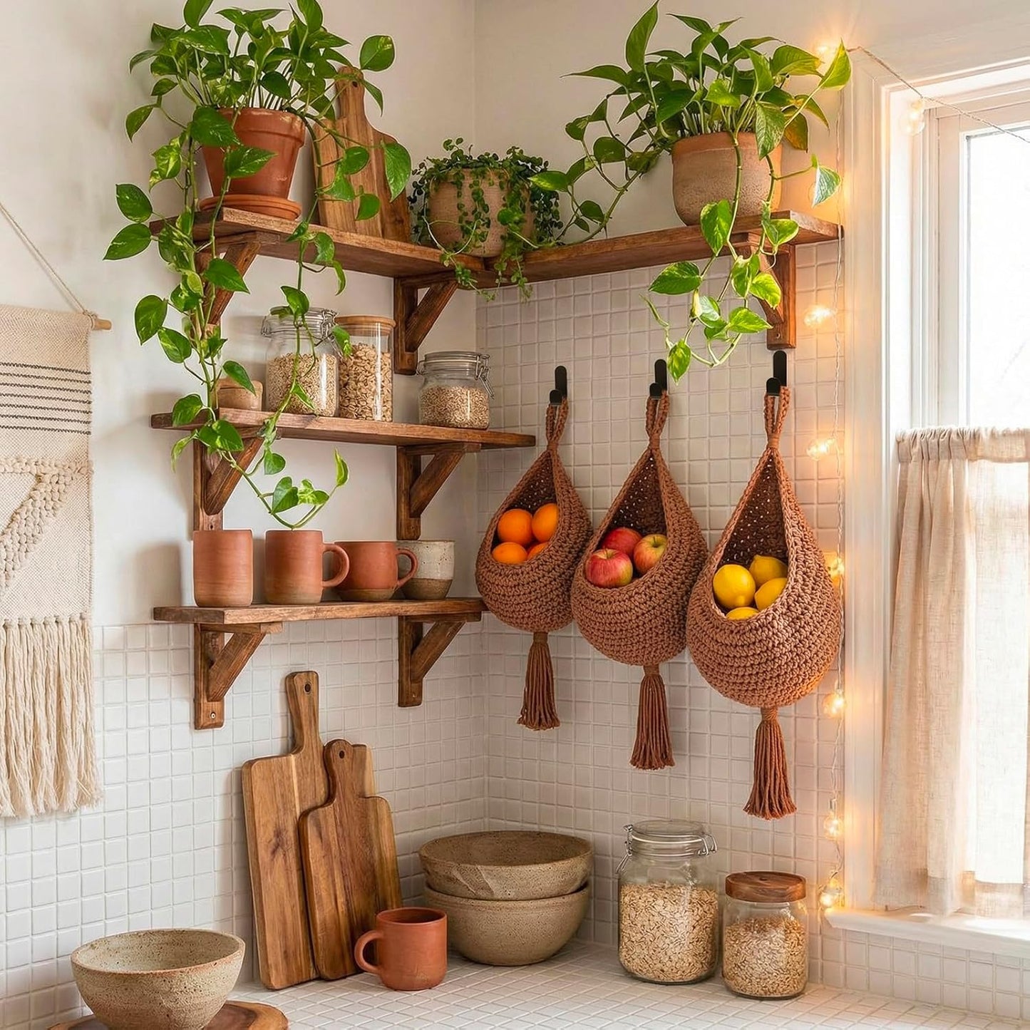 Honeydak Boho Decor Hanging Wall Baskets for Kitchen 3 Pack Teardrop Baskets with Hooks Storage Fruit Onion Vegetable Potato for Home 3 Sizes(Linen,Teardrop,Jute)