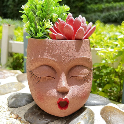 Handmade Face Flower Pots Standing Air Kiss Head Planter Pot for Trailing Plants Cute Succulent Planter Resin Planters Funny Face Planters with Anti-Friction Pads White 1Pack