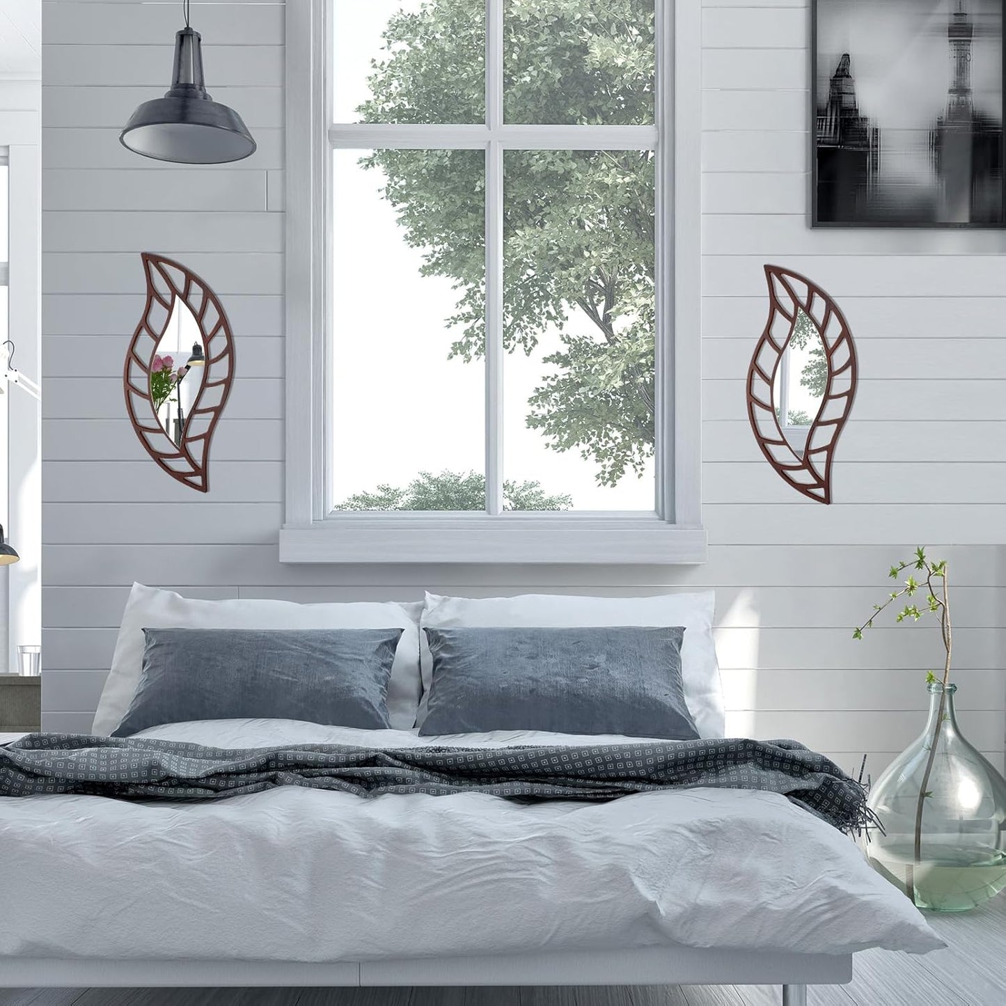 Roowest 2 Pcs Decorative Mirror Wall Decor Leaf Teardrop Mirror Wall Mounted Decorations for Living Room Bedroom Bathroom Vanity Entryway Office(Black)