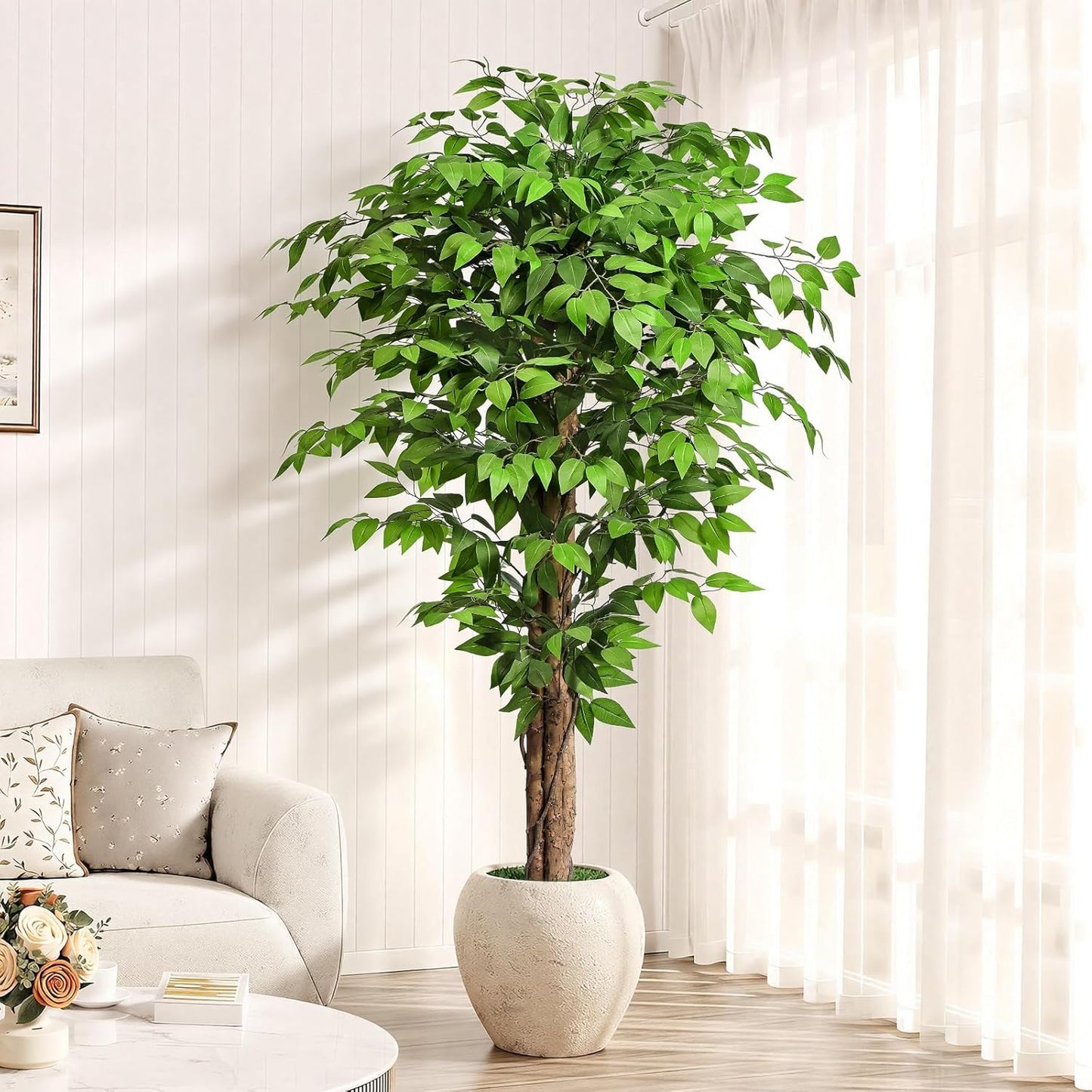 7ft Large Ficus Artificial Trees with Natural Curved Trunks, 84" Tall Lush Faux Tree for Home Decor Indoor, Green Lifelike Fake Ficus Tree Artificial Plants in Pot