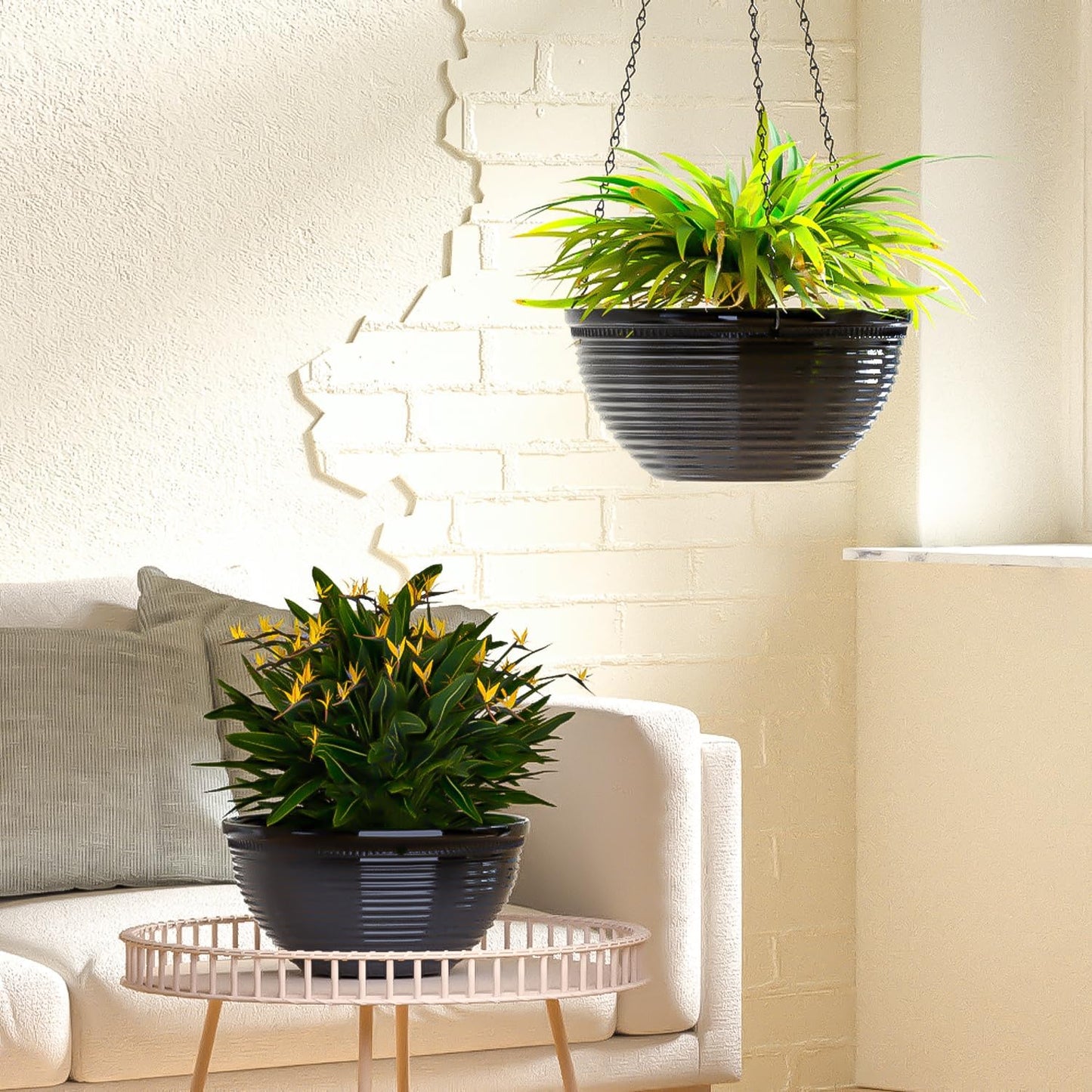 Vanslogreen 2 Pack Hanging Planters for Indoor Outdoor Plants, 10 Inch Hanging Planter with Drainage Hole & Plug Glazed Hanging Baskets Flower Pots for Garden Home (Blue)