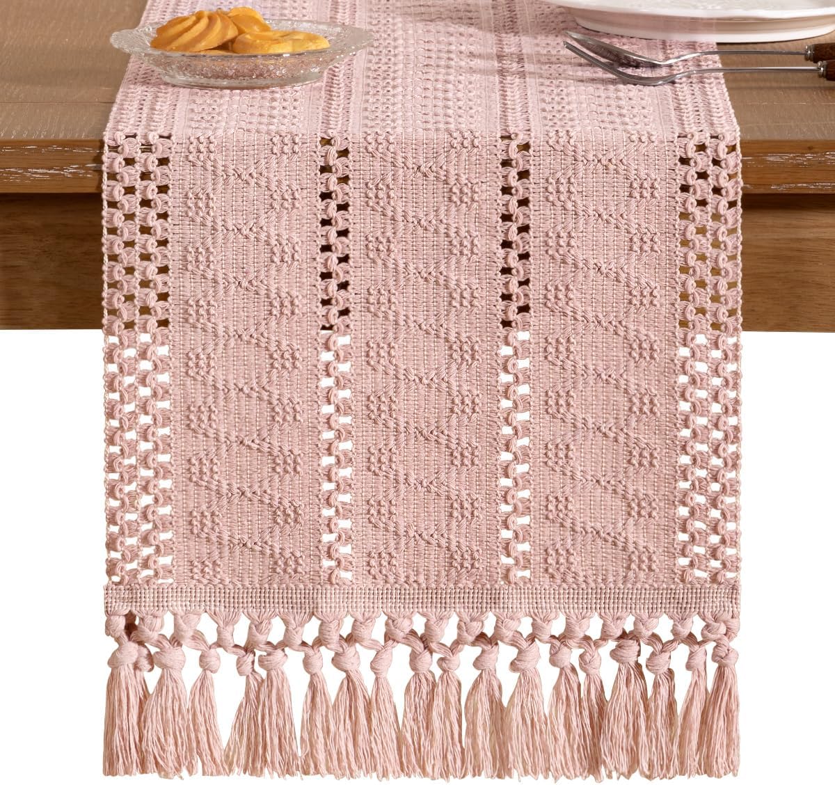 Socomi Boho Table Runner Summer Farmhouse Rustic Dining Kitchen Centerpiece Decor Small Macrame Woven Cotton Linen Coffee Table Runner for Dresser Scarf Home Decor 12x36 inch Beige