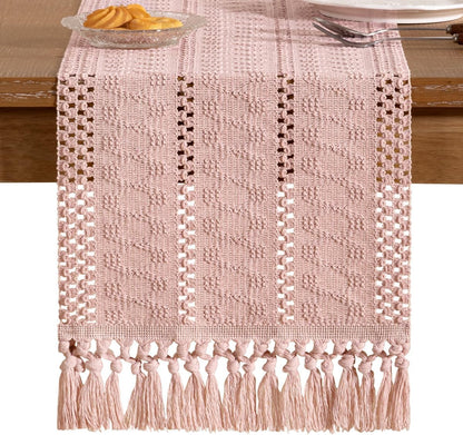 Socomi Boho Table Runner Summer Farmhouse Rustic Dining Kitchen Centerpiece Decor Small Macrame Woven Cotton Linen Coffee Table Runner for Dresser Scarf Home Decor 12x36 inch Beige