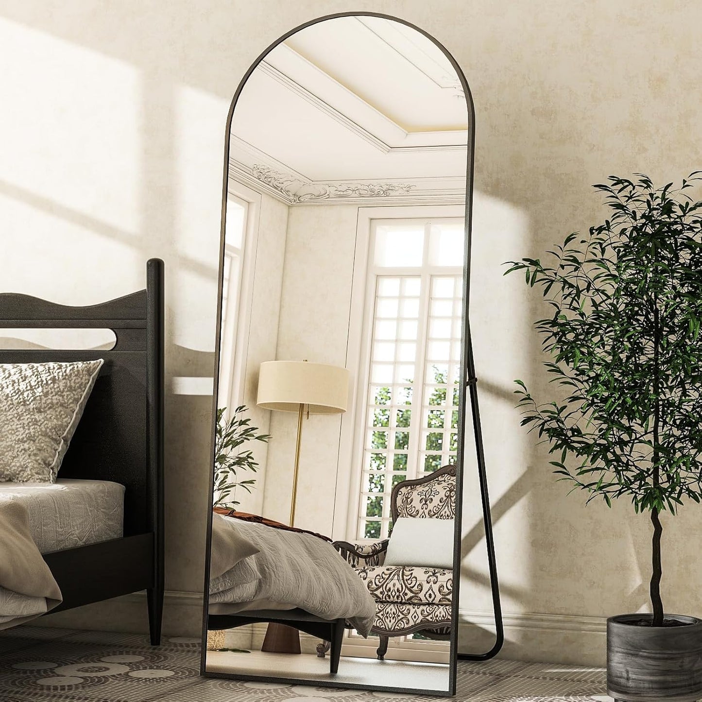 XRAMFY 56"x21" Arched Full Length Mirror Floor Mirrors with Aluminum Alloy Frame Free-Standing Wall Mounted Floor Mirrors or Large Dressing Mirror, Black Mirror Full Length