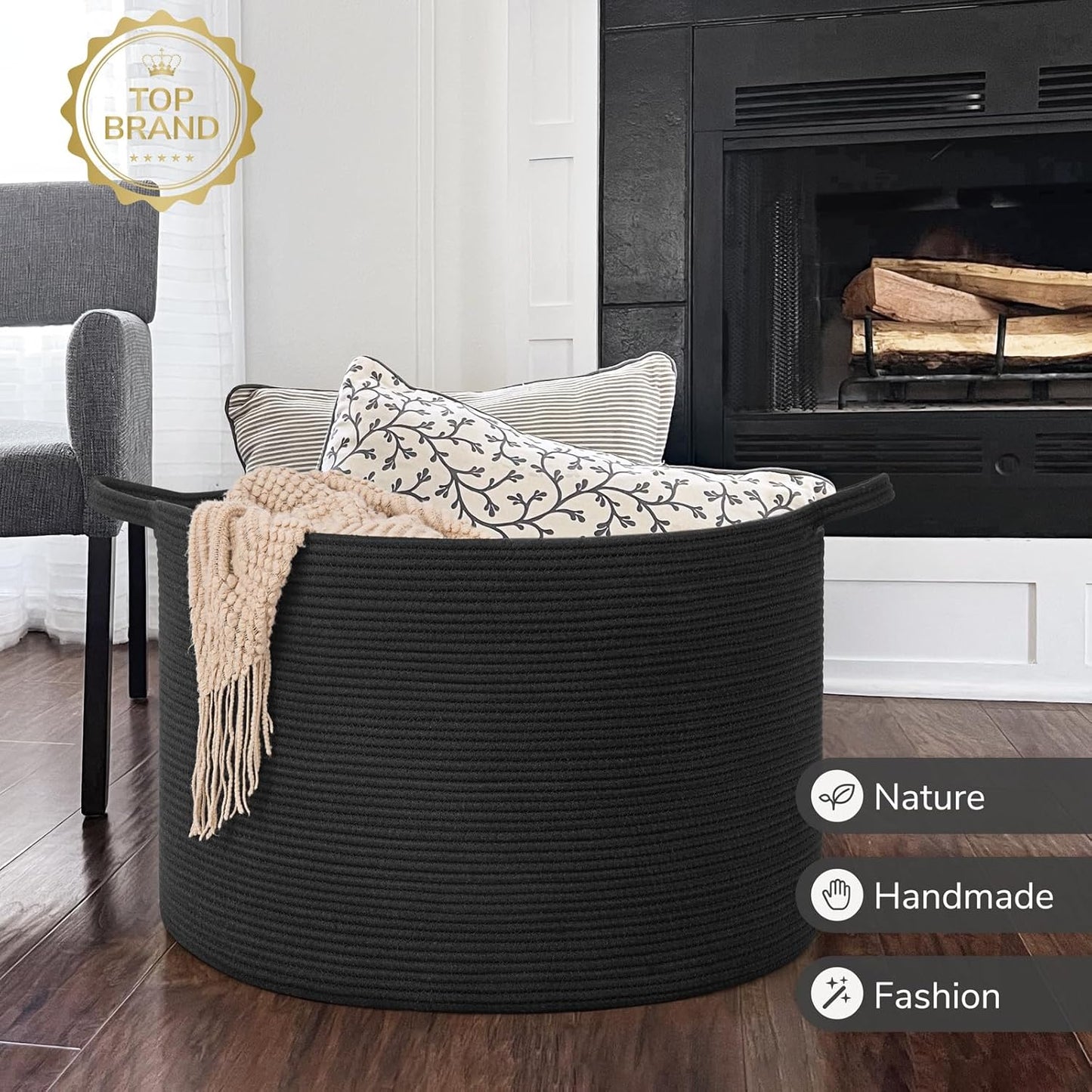 INDRESSME XXXLarge Blanket Basket for Living Room 21.7" x 21.7" x 13.8"-Storage Basket with Handle for Organizing Toy Pillows Woven Cotton Rope Laundry Basket Stuffed Animal Toy Storage for Play Room
