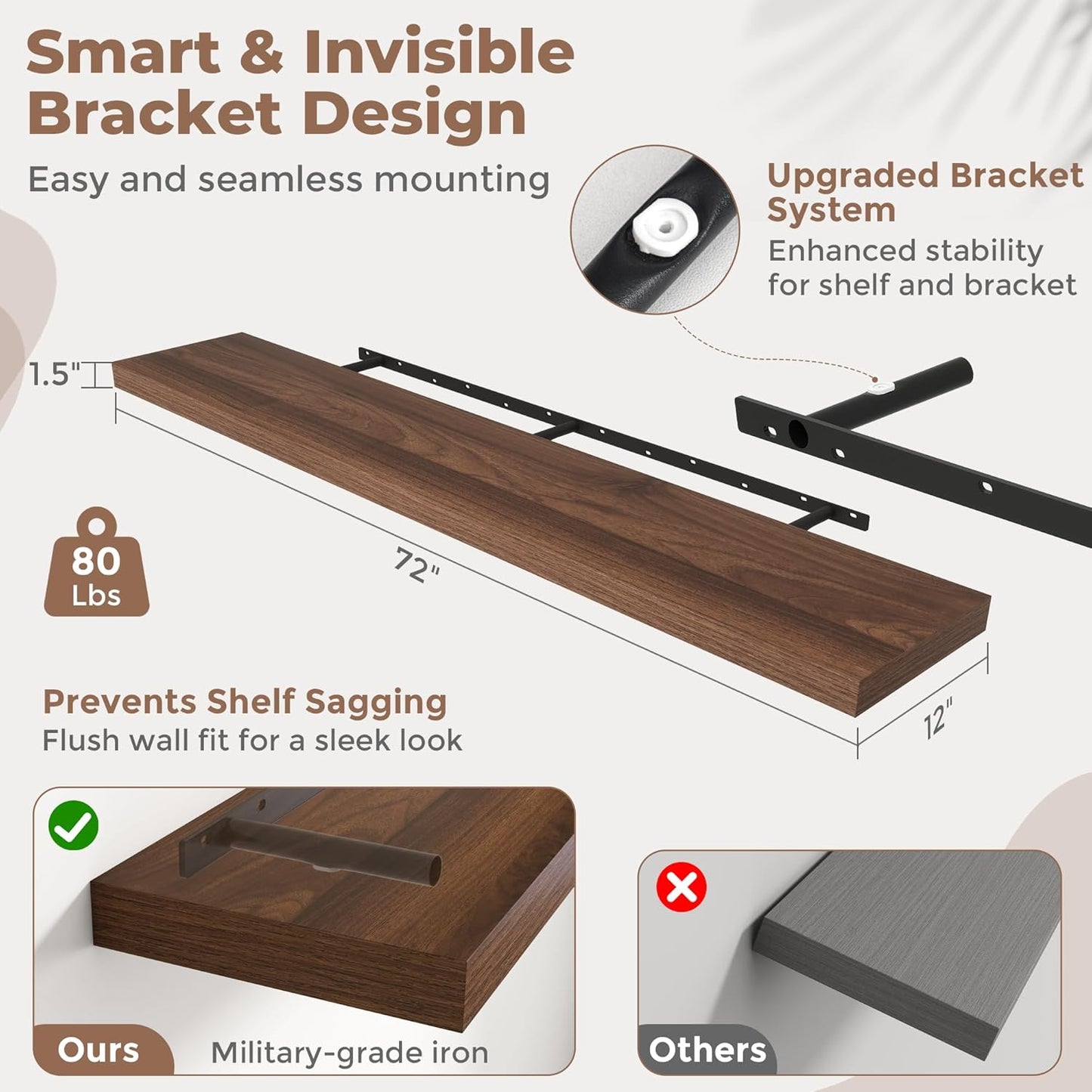 72 Inch Long Floating Shelves for Wall Set of 2, 12"D Wood Grain Bathroom Shelves with Invisible Brackets, Easy Install Engineered Wood Storage Shelves for Kitchen, Living Room, Bedroom, Black Finish