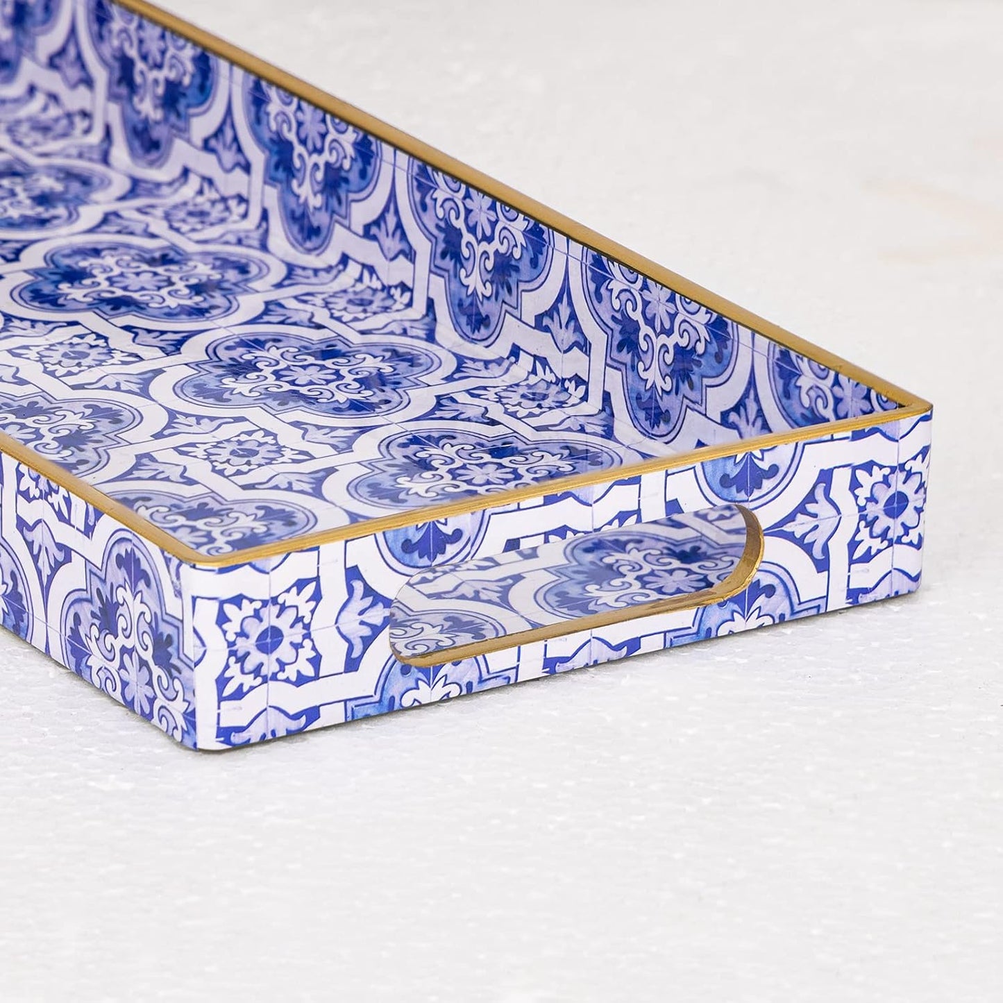 MAONAME White Decorative Tray, Plastic Serving Tray with Handles, Rectangular Moroccan Trays, Long Narrow Trays for Bathroom, Kitchen Counter, 13.8" X 6" X 1.57"