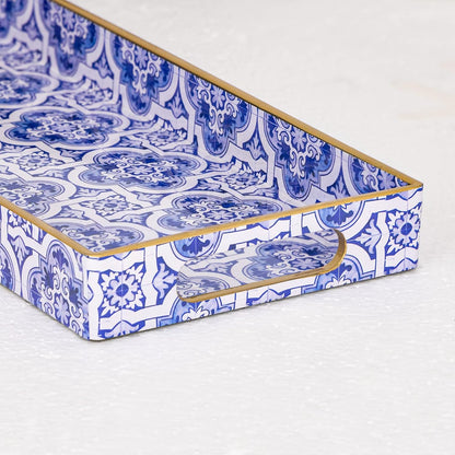 MAONAME White Decorative Tray, Plastic Serving Tray with Handles, Rectangular Moroccan Trays, Long Narrow Trays for Bathroom, Kitchen Counter, 13.8" X 6" X 1.57"