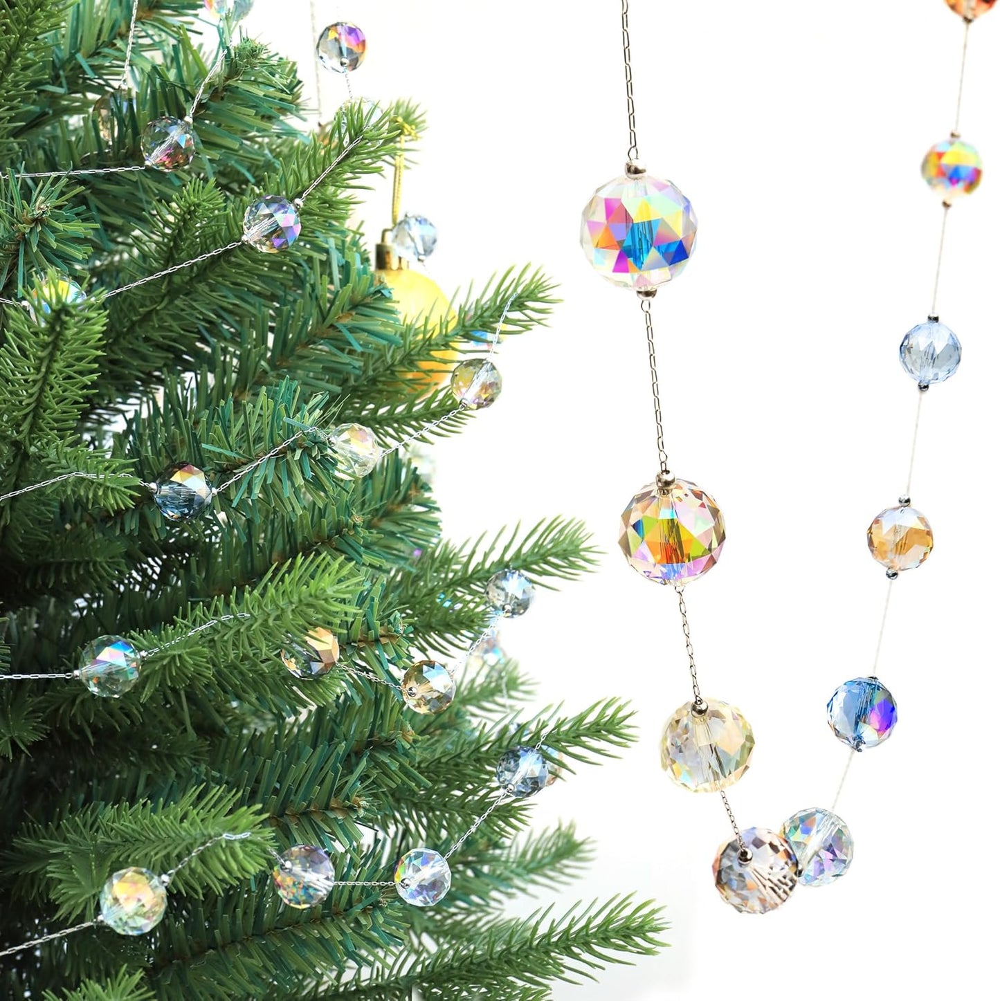LEFERS 9.8Ft Crystal Glass Balls Christmas Garland,48 Beads 16mm Faceted Prism Beads Strands Hanging Ornament Decoration for Christmas Tree Centerpieces Wedding Party (Gold)