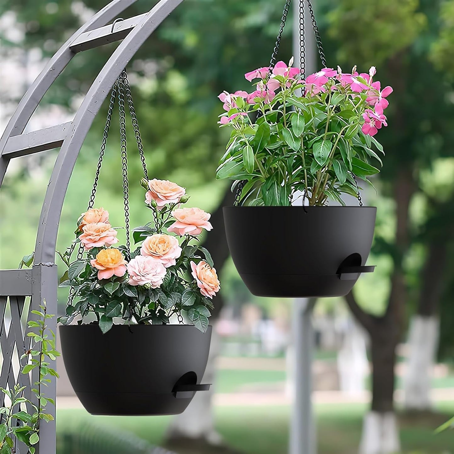 UOUZ Set of 3-10 Inch Self Watering Hanging Planters for Indoor Outdoor，Hanging Plant Pots with Drainage & Removable Tray, Hanging Pots Holder for Ivy, Pothos, Ferns, Balcony & Patio, Black with Brown