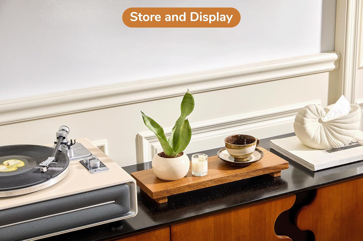 Large 16" Acacia Wood Riser Pedestal Stand – Farmhouse Wood Display Riser for Kitchen and Bathroom Décor - Counter Display, Plant Stand, Jewelry Holder, Vanity Tray, Candle Stand (L:16"x8"x1.57")