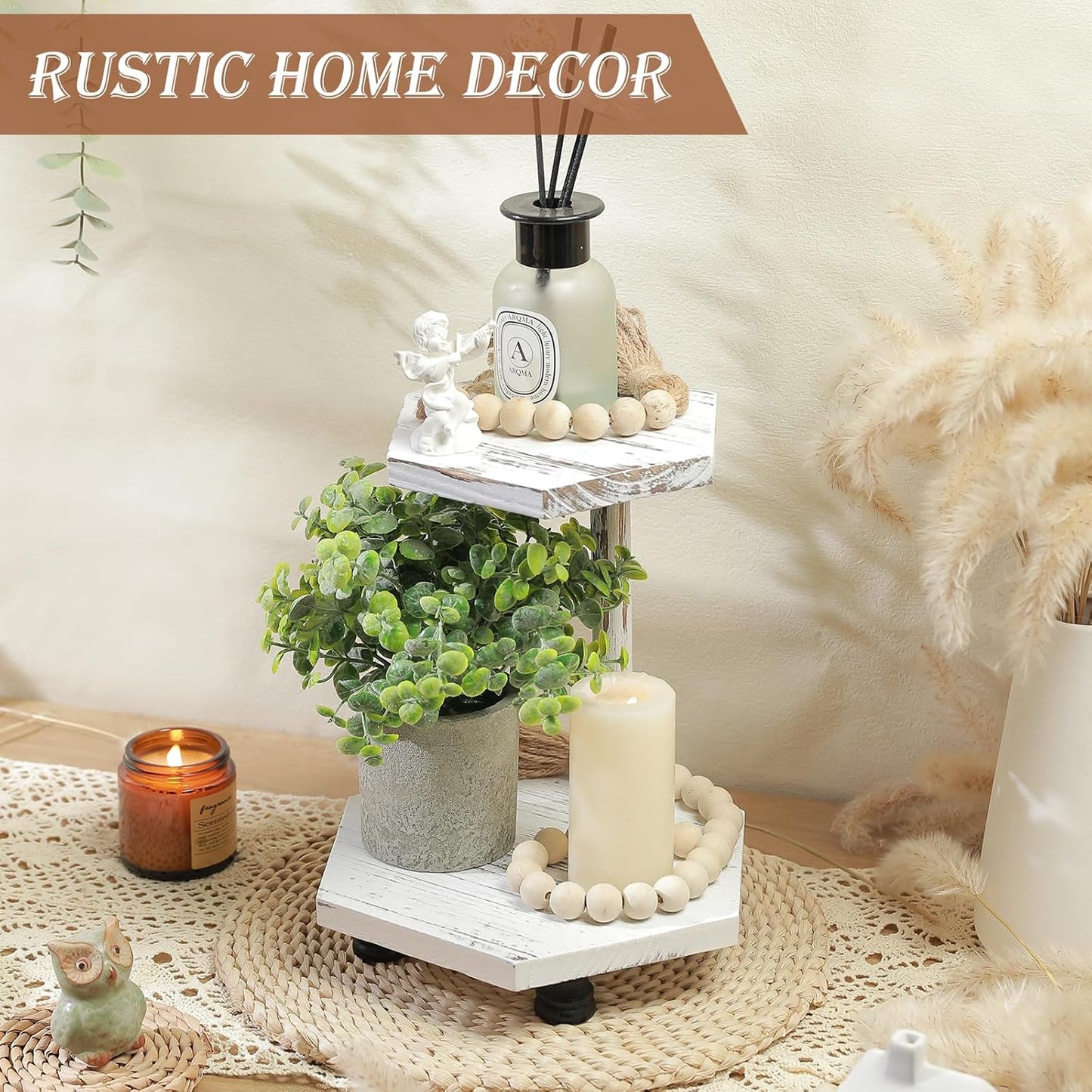 Tikea Farmhouse Wood Display Riser, 10 in. Farmhouse Pedestal Stand for Kitchen Bathroom Counter Decor, Round Display Tray for Soap Dispenser and Plant (Brown)