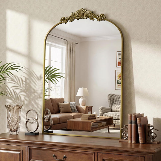 Arched Wall Mirror, 24" x 36" Vintage Carved Bathroom Mirror with Antique Bronze Aluminum Frame, Retro Decorative Wall Mirror for Bedroom, Living Room, Entryway, Fireplace & Hallway